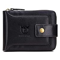 BULLCAPTAIN Genuine Leather Wallet for Men Large Capacity ID Window Card Case with Zip Coin Pocket QB-231 (Black)