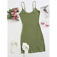 Dresses for Women - Split Hem Rib-Knit Bodycon Dress (Color : Army Green, Size : X-Small)