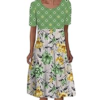 Women's Summer Dresses Ladies Dress Round Neck Short Sleeve Pleated Mid Dress Floral Print Casual Dress(A,6X-Large)
