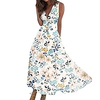 Maxi Dresses for Women 2024 Flowy Dresses for Women Summer Sleeveless V Neck Boho Waist Retraction Printed Dress, S-3XL