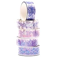 YUBBAEX 5 Rolls Floral Washi Tape Set PET Decorative Flowers Patterns Transparent Masking Tapes for Arts, DIY Crafts, Journals, Planners, Scrapbook, Wrapping (Lavender)