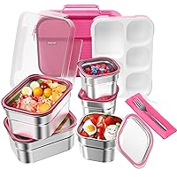 DaCool Stainless Steel Lunch Box Bento for Kids Adults Leakproof BPA-Free Metal Lunch Containers Tray 5-Compartment with Fork for Girls Food Snack Containers for School Outdoors, Pink