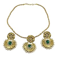 Silvesto India Gold Plated Necklace & Earring Set Emerald, Ruby (Created) & Pearl-Beaded Jewelry Traditional Wear Jewels with Stud Drop Jewelry