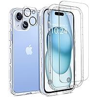 Coolwee Full Body Protective Hybrid 3 in 1 Rugged for Apple iPhone 15 Case, 6.1 inch, Heavy Duty Shockproof Women Men Transparent Cover, 9H Glass Screen Protector, Camera Protector, Crystal Clear