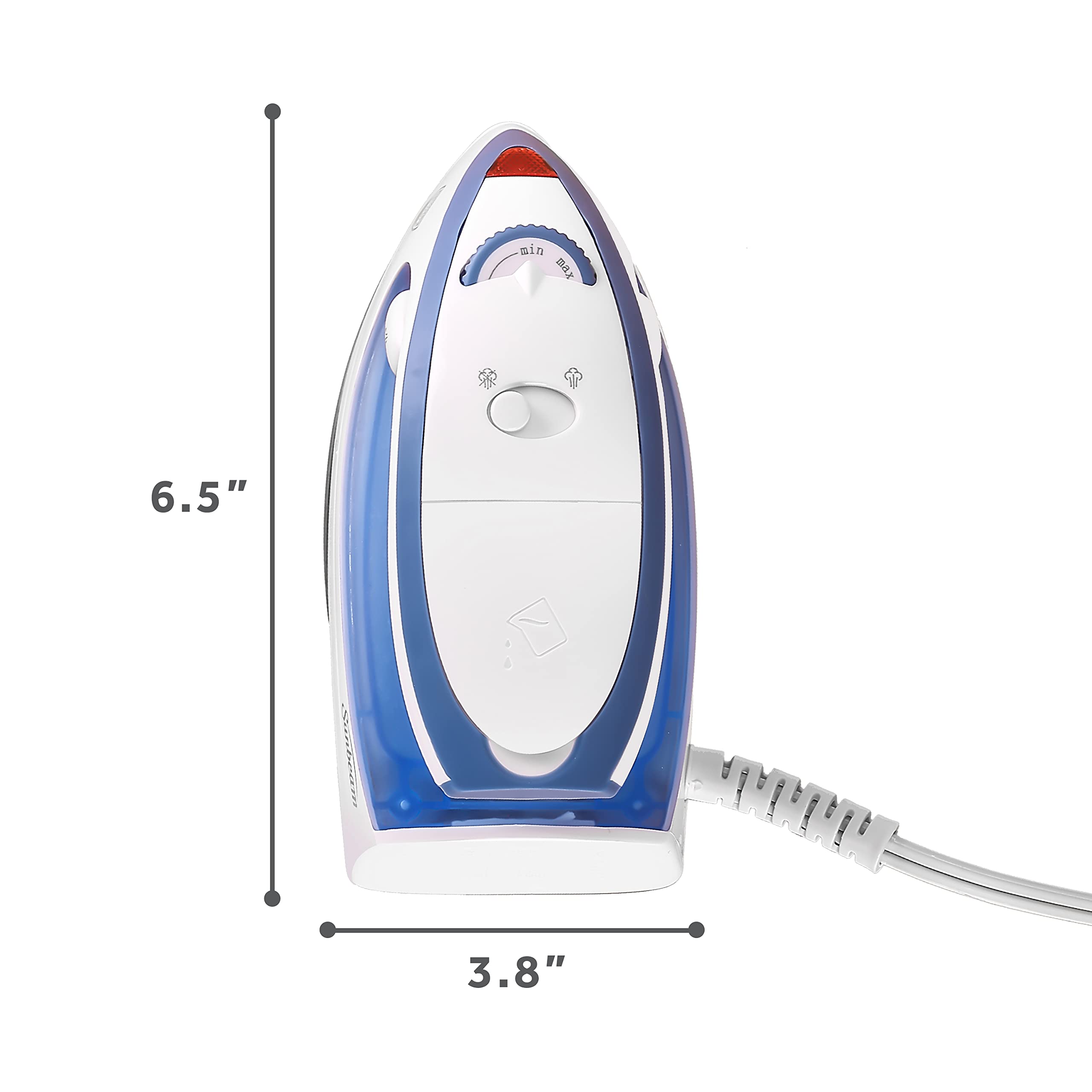Sunbeam Hot-2-Trot Travel Steam Iron, 800 Watt Dual Voltage 120/240, Compact Size, Portable, Non-Stick Soleplate, Soft Touch Handle, Horizontal or Vertical Use, White and Blue