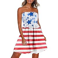 4th of July Women American Flag Casual Bandeau Dresses Summer Smocked High Waist Strapless Flowy A-Line Beach Dress