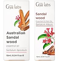Australian Sandalwood Essential Oils for Diffuser & Sandalwood Essential Oil Roll On Set - 100% Pure Therapeutic Grade Essential Oils Set - 2x10ml - Gya Labs