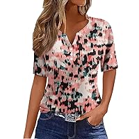 Womens Tops Dressy Casual V- Neck Shirt Tee Print Button Short Sleeve Daily Weekend Fashion Basic Regular Top