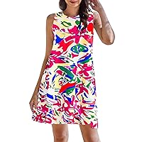 Women's Scoopneck Summer Tank Dress Summer Floral Beach Sleeveless A-Line Dresses Casual Breathable Soft Swing Holiday Dress