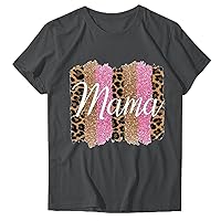 Women's Mama Letter T-Shirts Fashion Leopard Graphic Crewneck Blouse Summer Short Sleeve Mom Tops