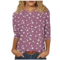 3/4 Length Sleeve Womens Tops, Women's Summer Fashion Casual Seven Quarter Sleeve Floral Print Stand Collar Pullover Top