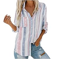 Womens V Neck Striped Shirts Button Down Blouses Tops Casual Roll Up Long Sleeve Plus Size Shirts Vintage Loose Tunic