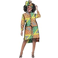 African Dresses for Women Plus Size Loose Long Sleeve Shirt Dress with Print Headscarf African Clothing