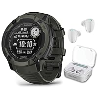 Wearable4U Garmin Instinct 2X Solar Rugged 50 mm GPS Smartwatch, Moss with Power Glass Lens, LED Flashlight White Earbuds Bundle