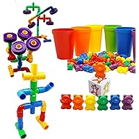 Skoolzy Rainbow Counting Bears and STEM Learning Pipe 97 Piece Bundle - Educational Construction and Sorting Counting Learning Toys for Kids Ages 3+