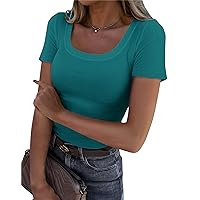 Roselux Women's Summer Scoop Neck Short Sleeve T-Shirts Ribbed Knit Slim Fitted Casual Basic Top
