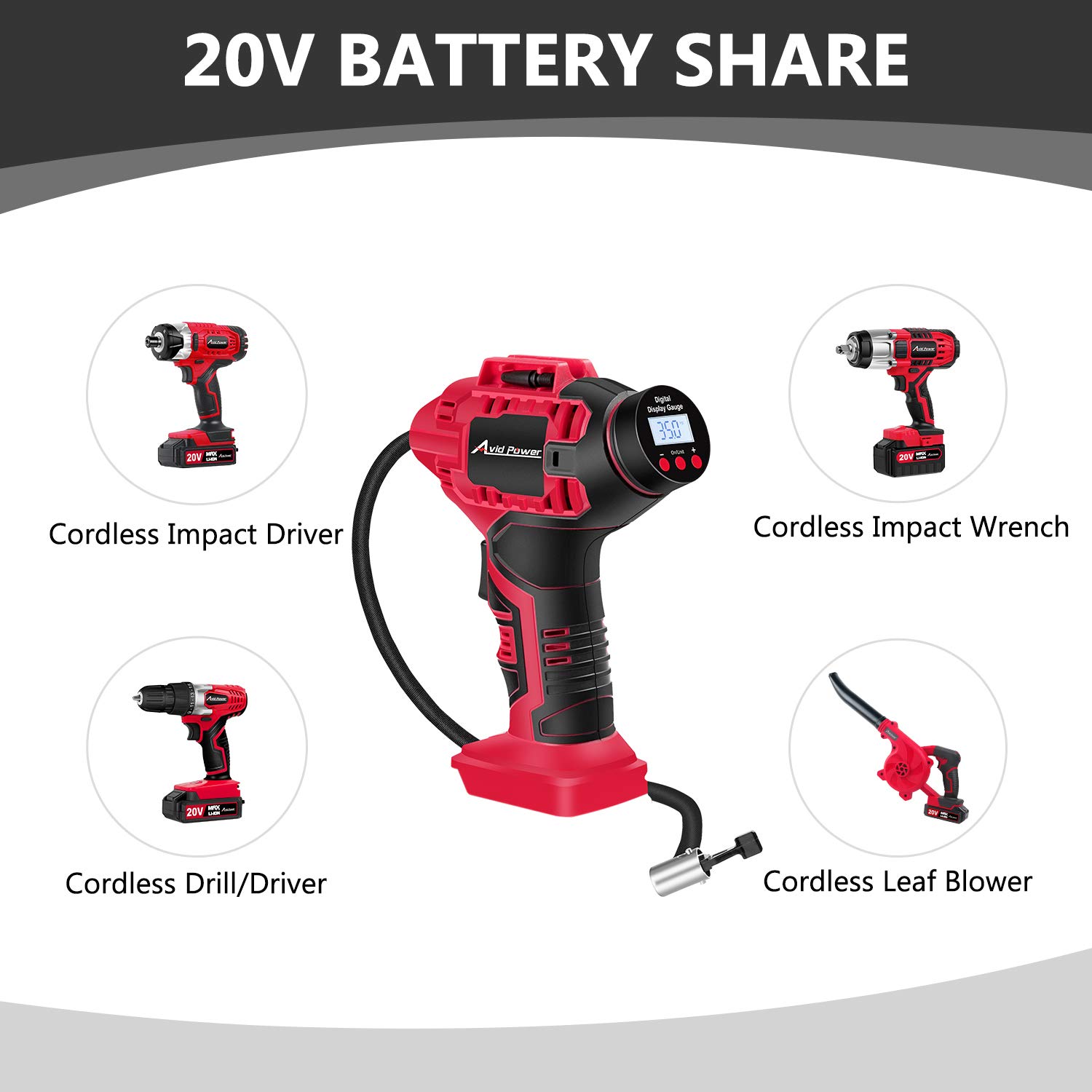 AVID POWER 20V Cordless Drill Set Bundle with Cordless Tire Inflator Air Compressor