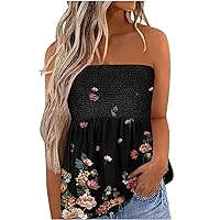 Womens Tie Dye Smocked Bandeau Summer Cute Babydoll Strapless Shirts Fashion Casual Loose Fit Pleated Tube Tops