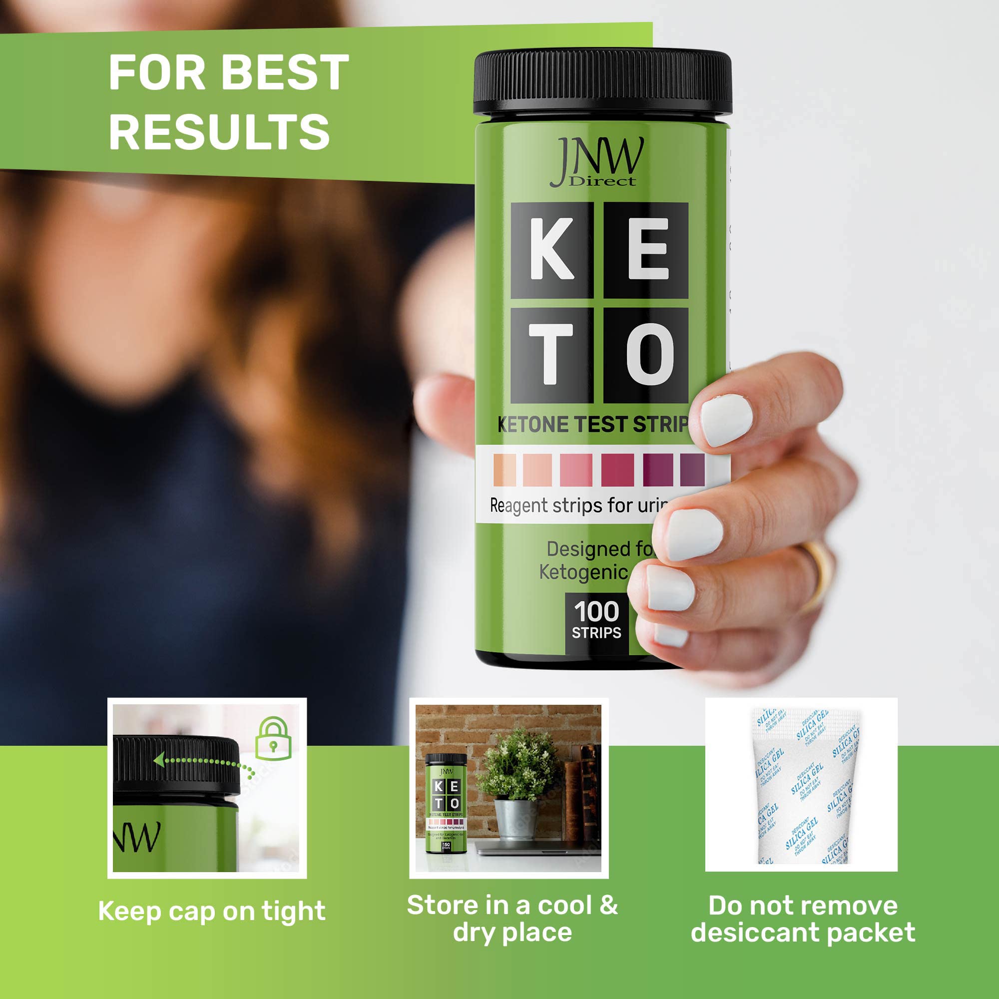 Ketone Test Strips, 100 Keto Test Strips for Keto, Low Carb Diet - Urine Test Strips, Ketosis Strips Test Urine, Keto Strips, Ketone Urinalysis Test Strips, Ketones Test Kit - Free eBook - JNW Direct