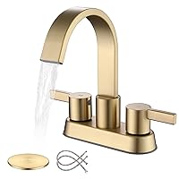 Bathroom Sink Faucet 3 Hole Brushed Gold, 2 Handle 4 Inch Centerset Stainless Steel Bathroom Faucet with Pop up Drain and 2 Supply Lines, Waterfall Faucet Modern Faucet Bathroom, SE-0048-BG