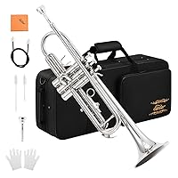 Bb Standard Trumpet Set for Beginner, Brass Student Trumpet Instrument with Hard Case, Cleaning Kit, 7C Mouthpiece and Gloves, ETR-380N, Silver