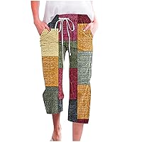 Fashion Patchwork Print Capri Pants Women Summer Drawstring Waisted Pants Casual Loose Cropped Trousers with Pockets