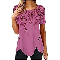 ZunFeo Womens Tunic Tops Summer Casual Trendy 2023 Crewneck Dressy Blouses Floral Print Button Side Asymmetrical Top Tshirts
