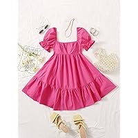 Dresses for Women Women's Dress Square Neck Puff Sleeve Ruffle Hem Dress Dresses (Color : Pink, Size : Medium)