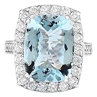 9.36 Carat Natural Blue Aquamarine and Diamond (F-G Color, VS1-VS2 Clarity) 14K White Gold Luxury Cocktail Ring for Women Exclusively Handcrafted in USA