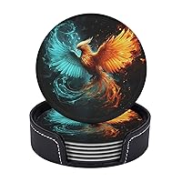 6pcs Drink Coasters with Holder, Leather Coasters for Drinks, Fire and Water Phoenix Cup Coasters for Coffee Table Decor, Non-Slip Drinking Cup Mat for Hot Or Cold Drink 4