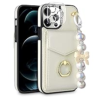HianDier for iPhone 12 Pro MAX 6.7-inch Wallet Case with Bracelet Chain + Camera Lens Protector, with RFID Blocking Card Holder 360° Rotation Ring Stand Kickstand Protective PU Leather Cover, Beige