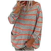 Women's Cashmere Sweaters Long Sleeve Color Contrast Stripe Pullover Round Neck Loose Sweater Cowl Neck