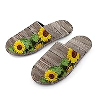 Autumn Sunflowers Wood Pattern Warm Flannel Men's Slippers Full Print Anti-Slip Rubber Sole House Shoes