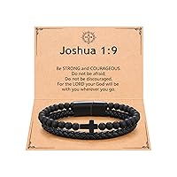 Mens Cross Bead Braided Genuine Leather Bracelet Faith Religious Easter Catholic Christian Communion Baptism Christmas Jewelry Gift for Men