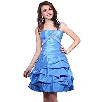 Blue One Shoulder Short Taffeta Dress With Ruching And Bubble Skirt