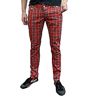 Mens Red Tartan Drainpipes Pants Plaid Skinny Slim Mod Punk Style