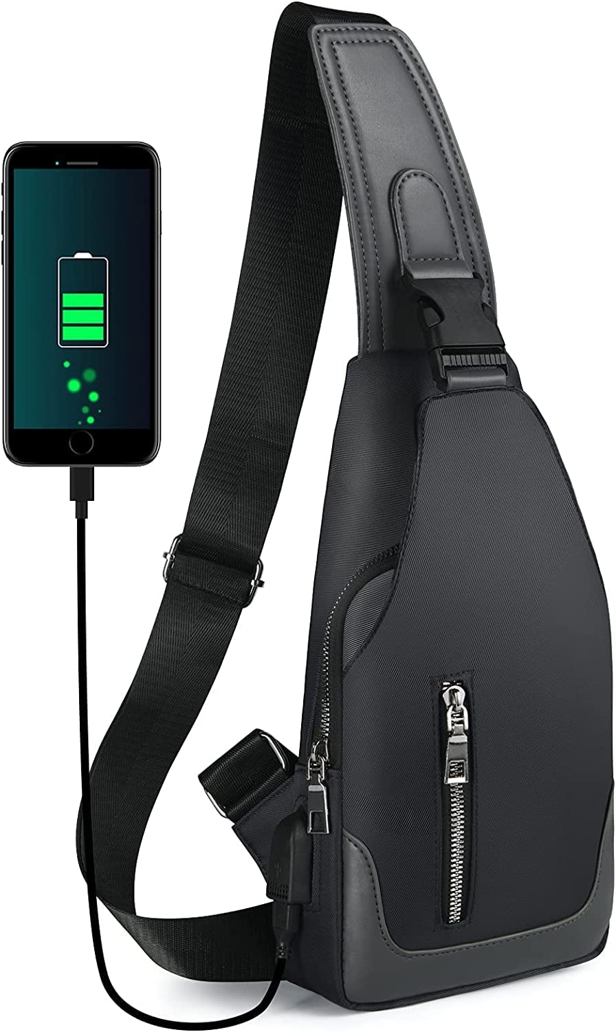Aucuu Sling Backpack with USB Charging Port, Chest Bag Crossbody Daypack Shoulder Bag for Men, Hiking, Cycling, Travel - Black