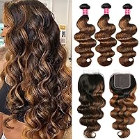 Nadula 10A Brown Highlight Body Wave Human Hair Weave 3 Bundles with 4x4 lace closure, Brazilian Remy Hair Ombre Balayage Human Hair Extension FB30 Highlight Color (14 16 18+14inch)