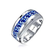 Personalize Unisex Clear Simulated Blue Sapphire Channel Set Cubic Zirconia AAA CZ Princess Invisible Cut Wedding Band For Men Women .925 Sterling Silver 9MM Band Ring