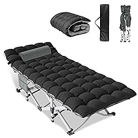 Slendor Folding Camping Cot with Mattress for Adults, 74” L x 28” W x 15” H, Camp Cot w/Pillow, Storage Bag, Sleeping Cot Bed for Tent, Office, Outdoor, Striated Gray Cot, Gray+Black Pad, 500lbs Load