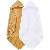 2 Pack Hooded Baby Towels - 100% Muslin Cotton for Newborns, Infants, Toddlers - Large 32x32Inch Size - Highly Absorbent and Essential for Newborn Care, White and Honey
