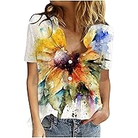 Summer Short Sleeve T-Shirt for Women Casual Button V Neck Loose Fit Tops Comfy Floral Print Blouse Shirts