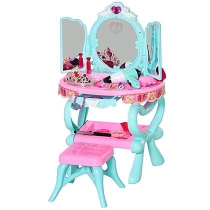 Qaba Three-Sided Mirror Kids Vanity Makeup Table Set with Princess Faces and 32-Piece Collection, Princess Vanity Table and Stool, Imaginative Toy for 3-6 Years Old