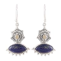 NOVICA Artisan Handmade Lapis Lazuli Citrine Dangle Earrings .925 Sterling Silver Purple Multicolor Blue Yellow India Gemstone Birthstone 'Floral Gaze'
