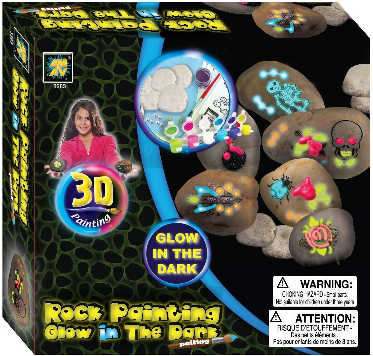AMAV Toys Glow in The Dark Rock Painting Kit- All Supplies Included - Non-Toxic Acrylic Paint- Craft & Spread Positivity Around Your Community- Perfect Screen-Free & Group Activity for Kids Aged 6+