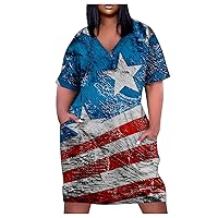 Women's Tank Top Dress Size V-Neck Short Sleeve Independence Day Print Knee Pocket Casual Dress Cute Dresses