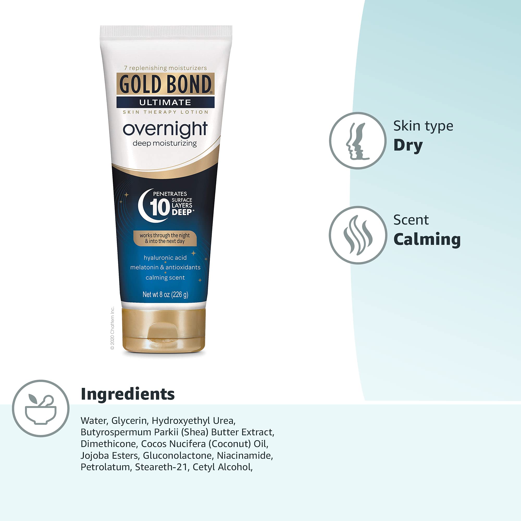 Gold Bond Overnight Deep Moisturizing Lotion, 8 oz., Skin Therapy Lotion With Calming Scent
