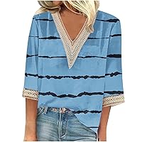 Elbow Length Sleeve Shirts for Women Casual Guipure Lace V Neck Blouse Striped Dressy T Shirt Tops Business Wear