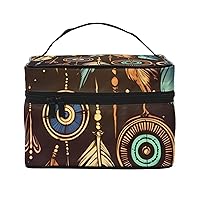 Vintage Ethnic Tribal Feather Print Makeup Bag for Women Portable Toiletry Bag Large Capacity Travel Cosmetic Bag for Outdoor Travel