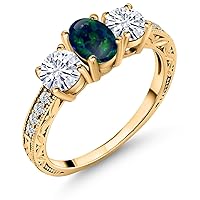 Gem Stone King 18K Yellow Gold Plated Silver 3-Stone Ring Oval/Cabochon Green Simulated Opal and Moissanite (1.75 Cttw)